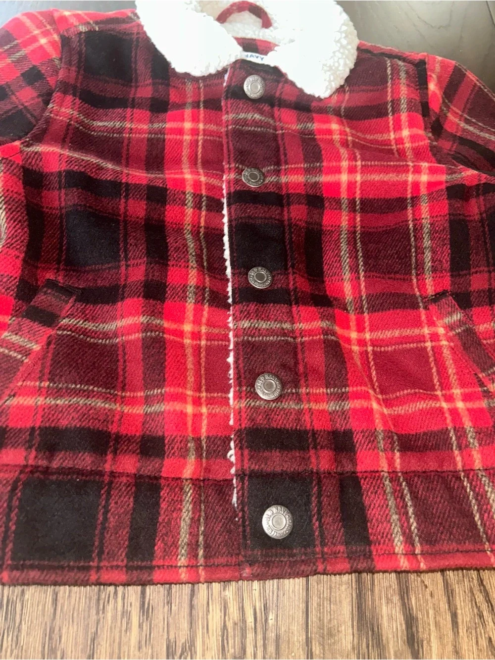 Old Navy Red and Black Plaid Sherpa-Trim Flannel Jacket